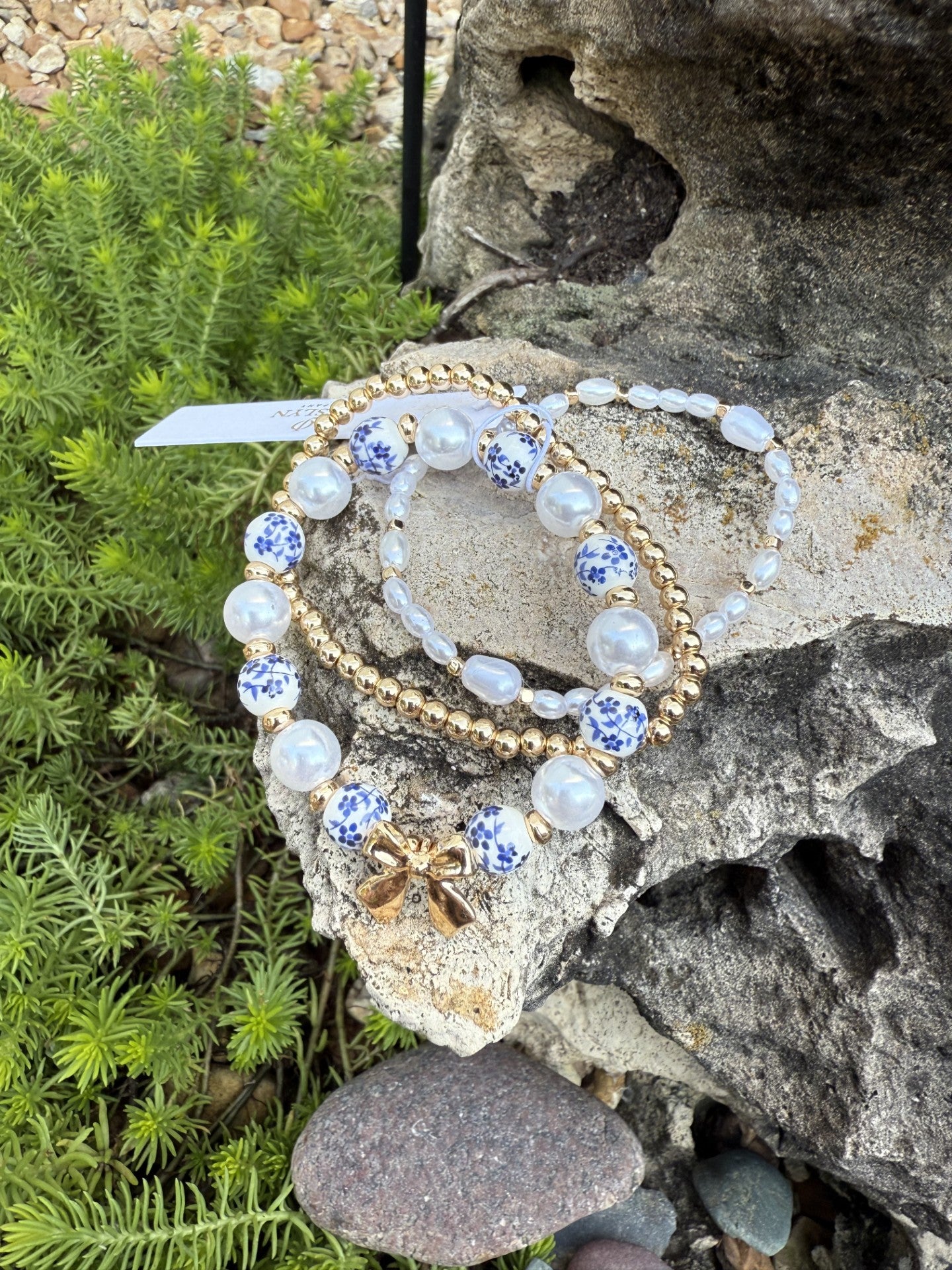 Layered Blue Ceramic Porcelain Bow Bracelet