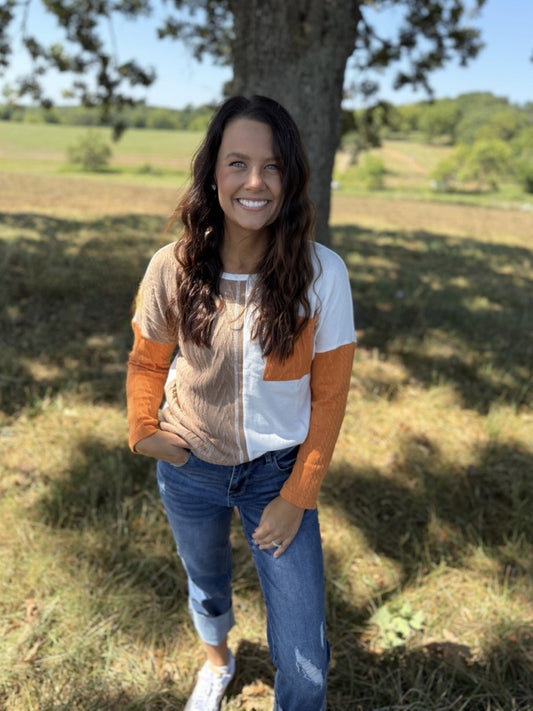 Long Sleeved Colorblock Pocket Textured Knit Top