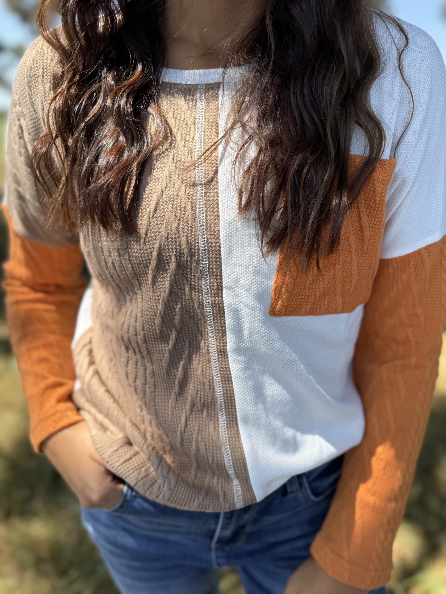 Long Sleeved Colorblock Pocket Textured Knit Top