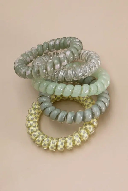 Mix Solid Flower Checker Hair Coils-5pc-Green