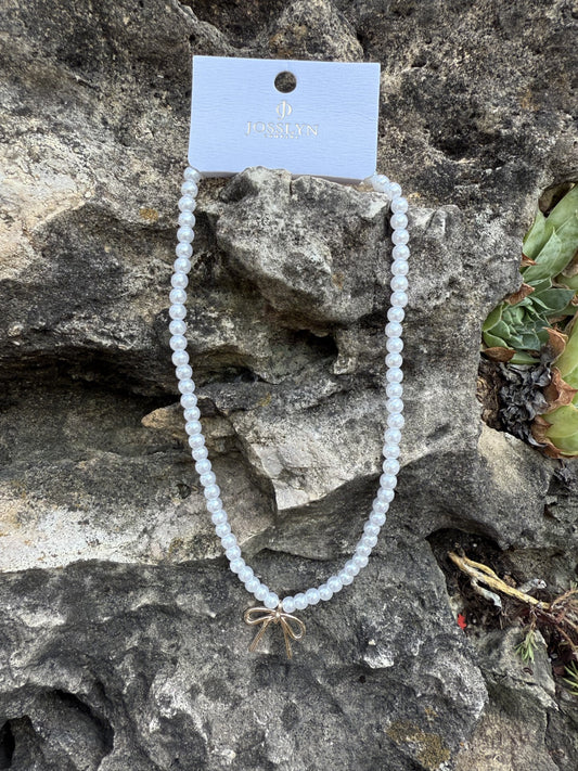 Pearl Chain Bow Charm Necklace