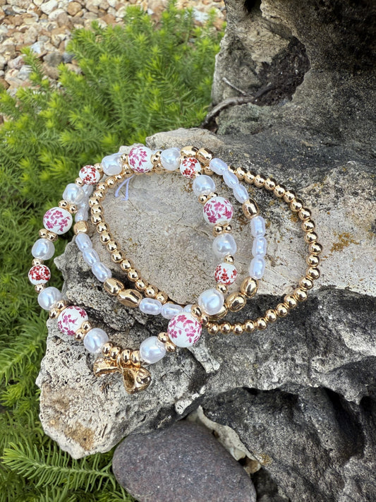 Pink Ceramic Porcelain Bow Multi Layered Bracelet