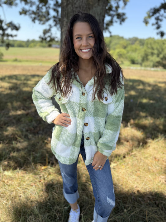 Pocketed Plush Checkered Jacket