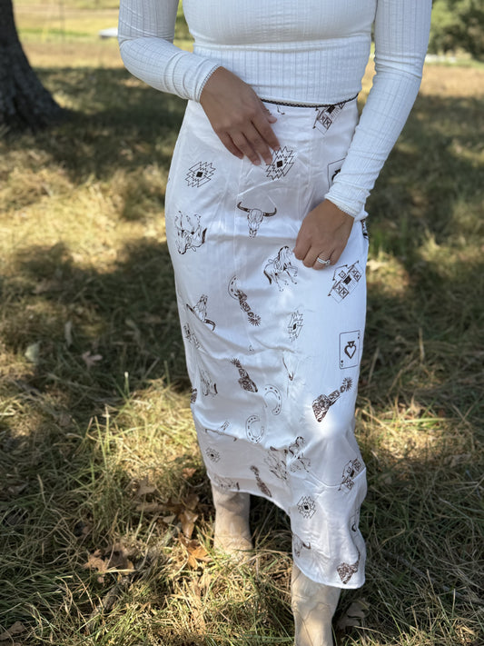 Western Cowgirl Unique Print Satin Maxi Skirt