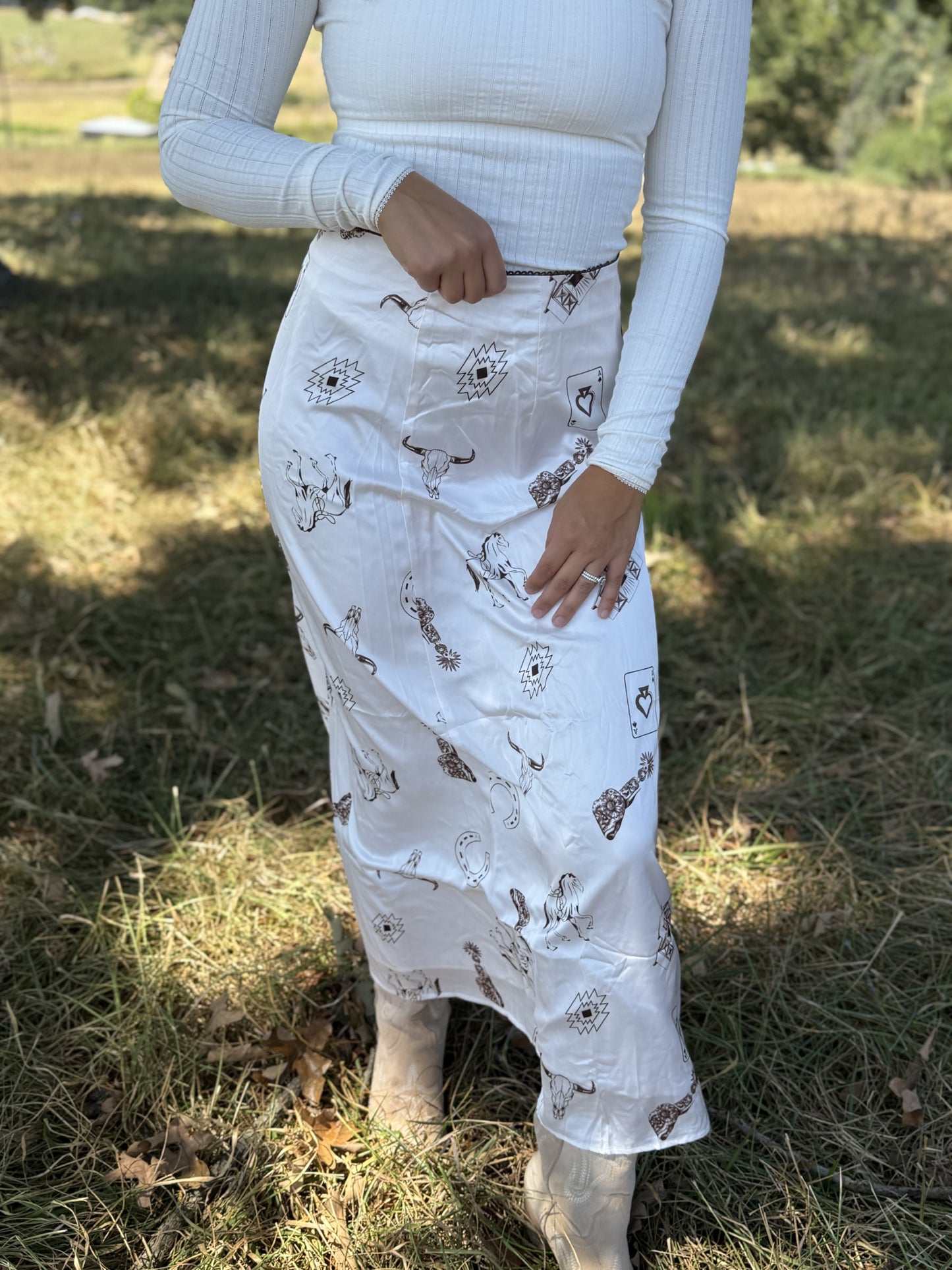 Western Cowgirl Unique Print Satin Maxi Skirt