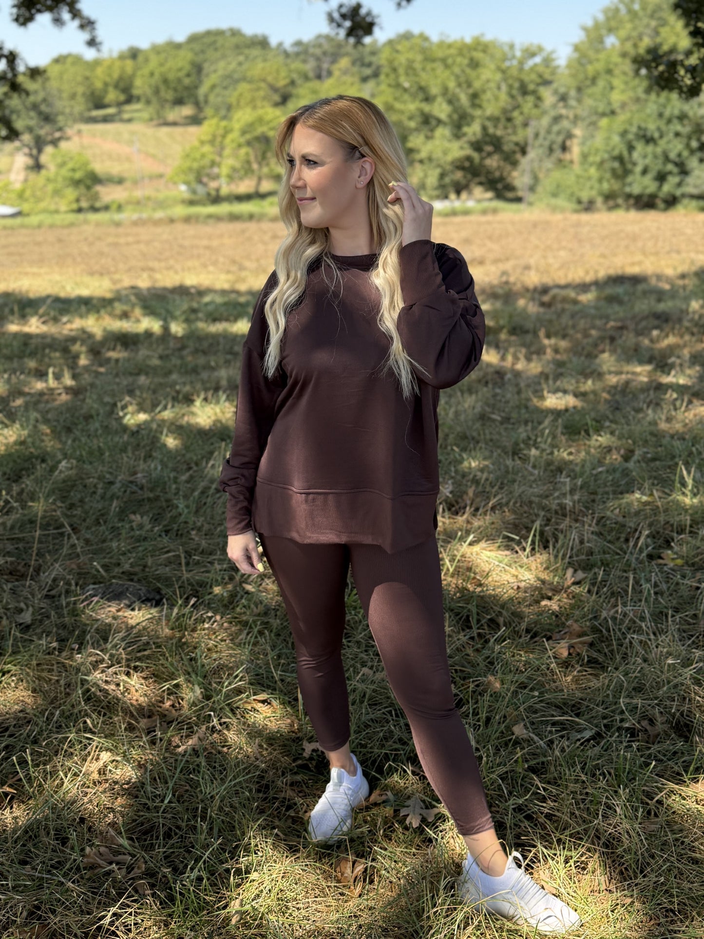 Solid Color Slit Sweatshirt and Skinny Pants Set-Coffee
