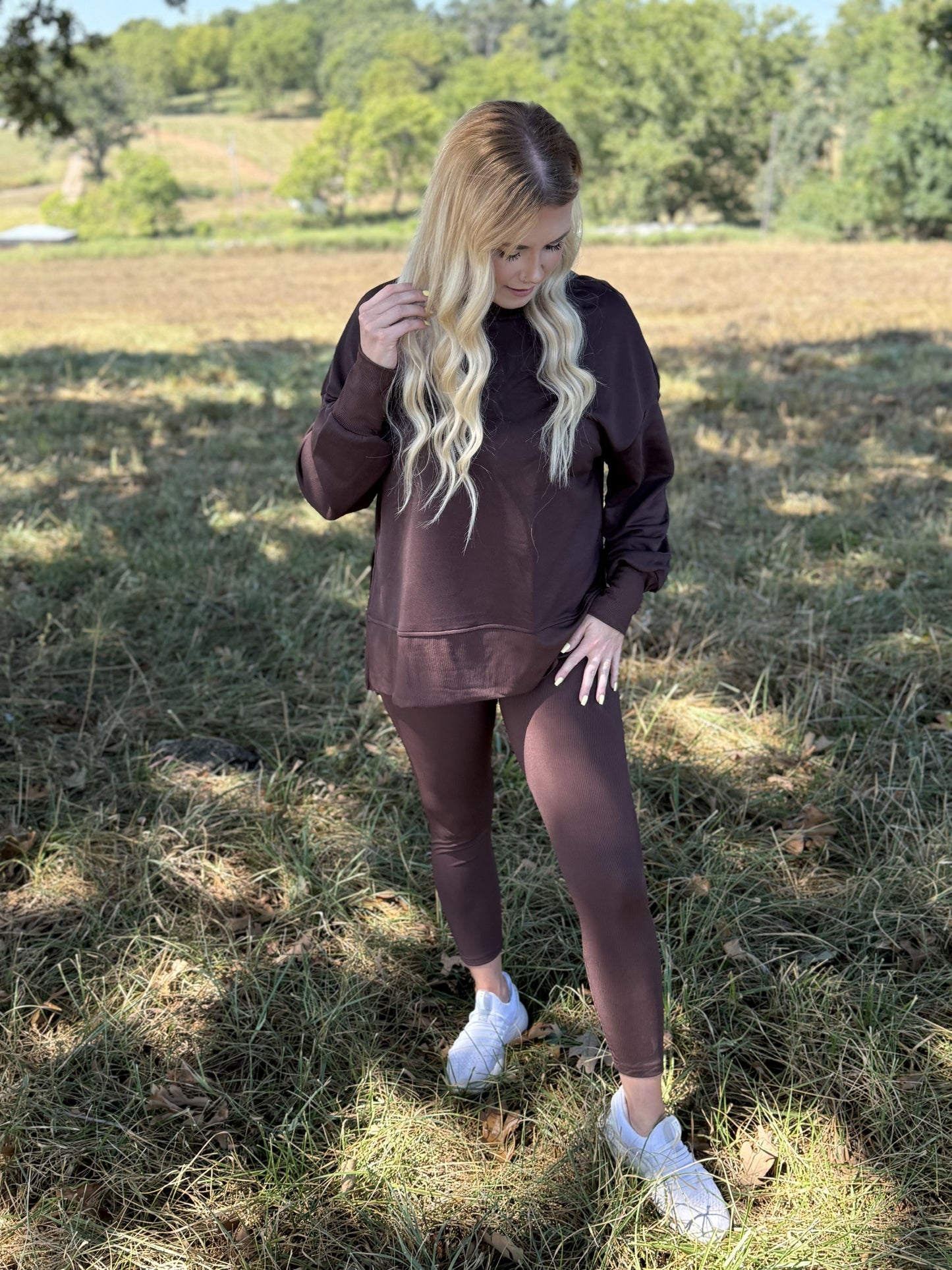 Solid Color Slit Sweatshirt and Skinny Pants Set-Coffee