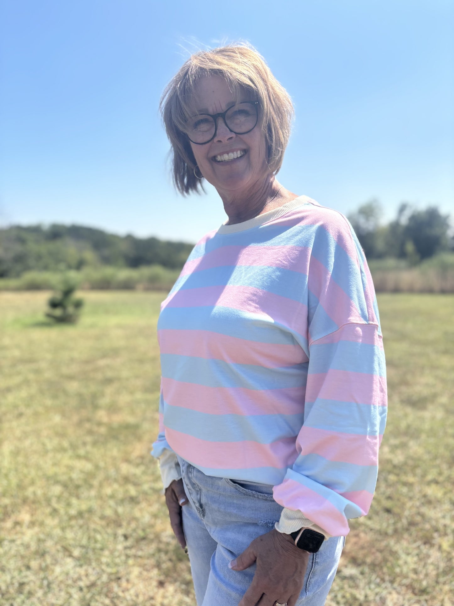 Striped Drop Shoulder Crewneck Shirt-Curvy