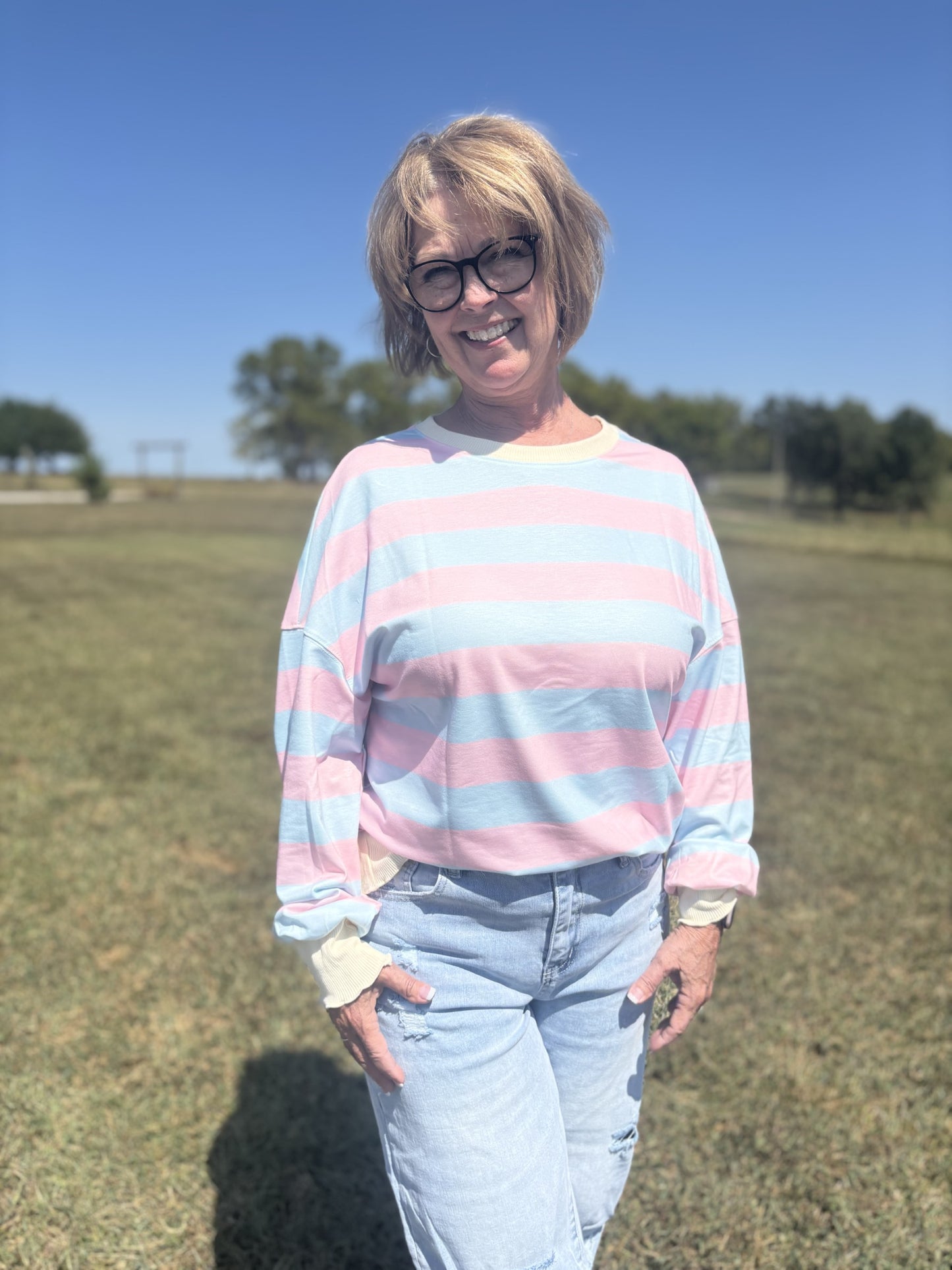 Striped Drop Shoulder Crewneck Shirt-Curvy