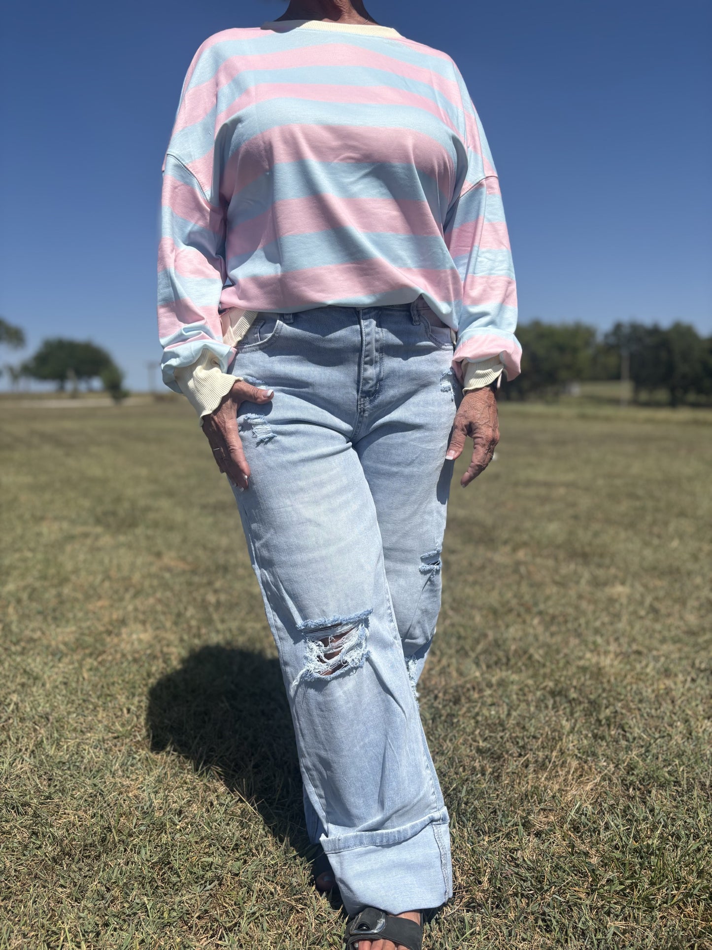 Striped Drop Shoulder Crewneck Shirt-Curvy