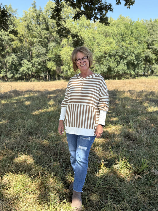 Stripe Quarter Button Hoodie - Curvy