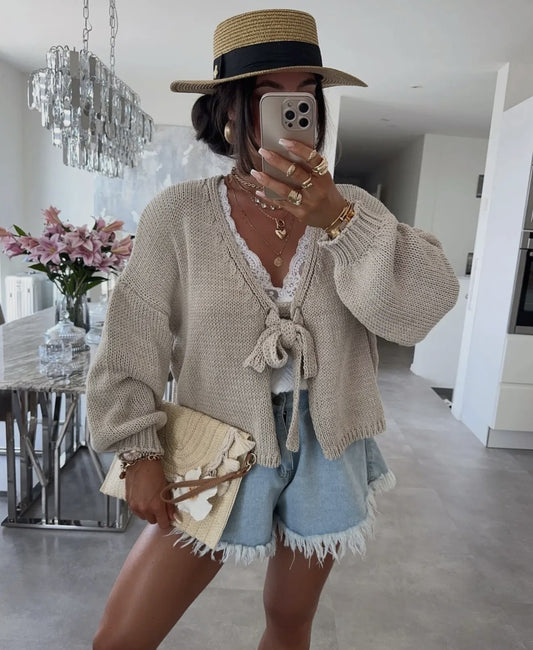 Tie Front Kit Sweater Boxy Loose Cardigan