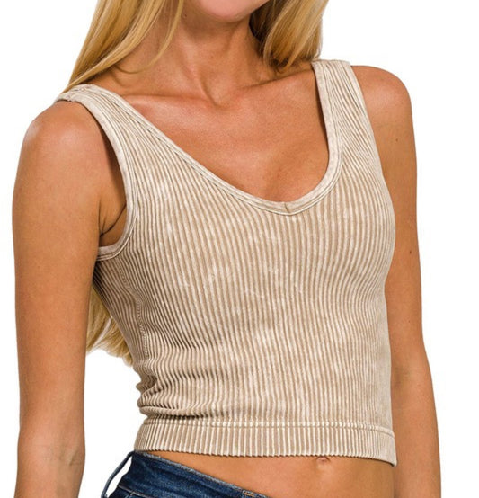 Washed Ribbed Seamless Bra Padded V-Neck Tank Top-Ash Mocha