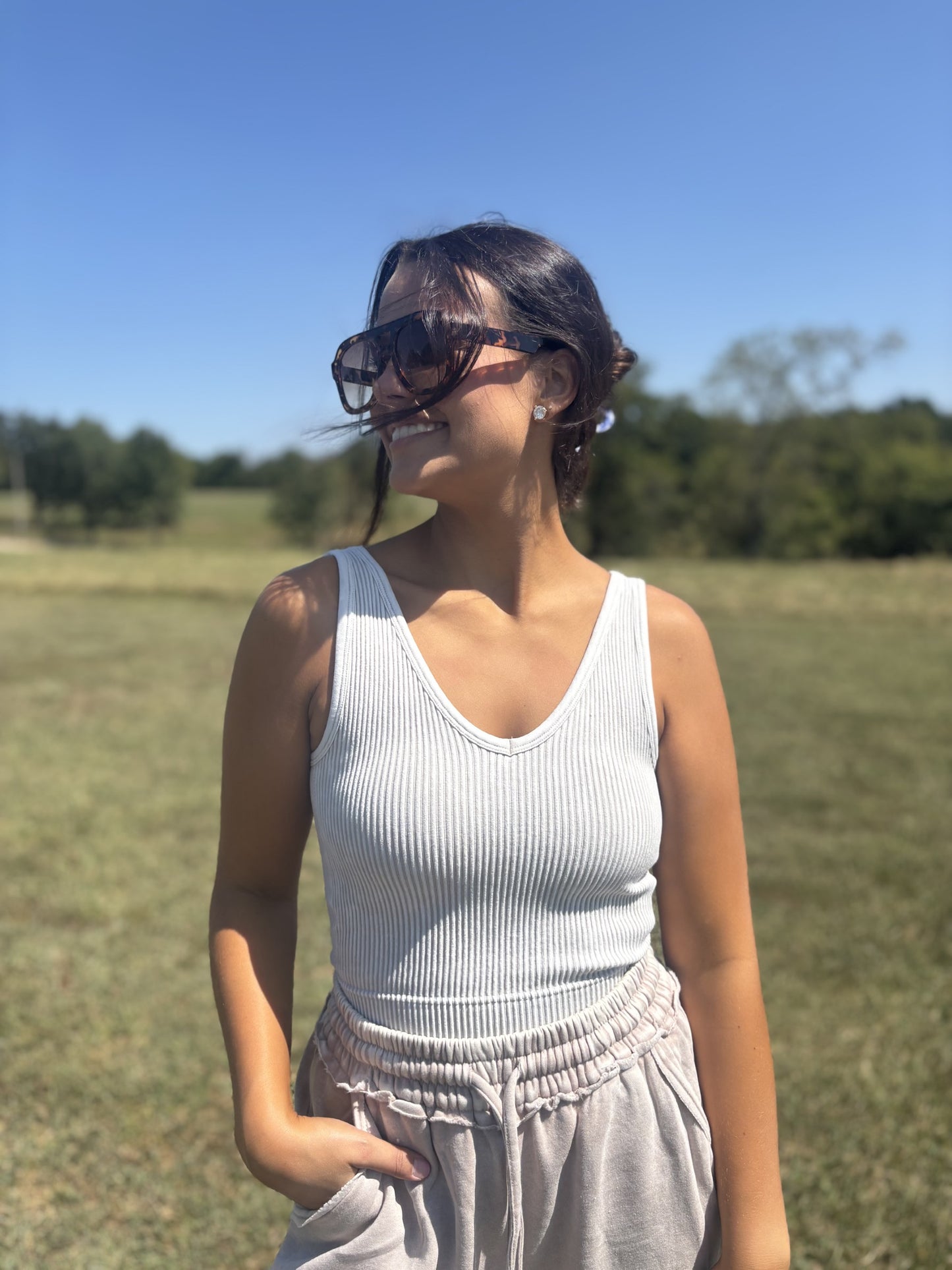 Washed Ribbed Seamless Bra Padded V-Neck Tank Top-Bone