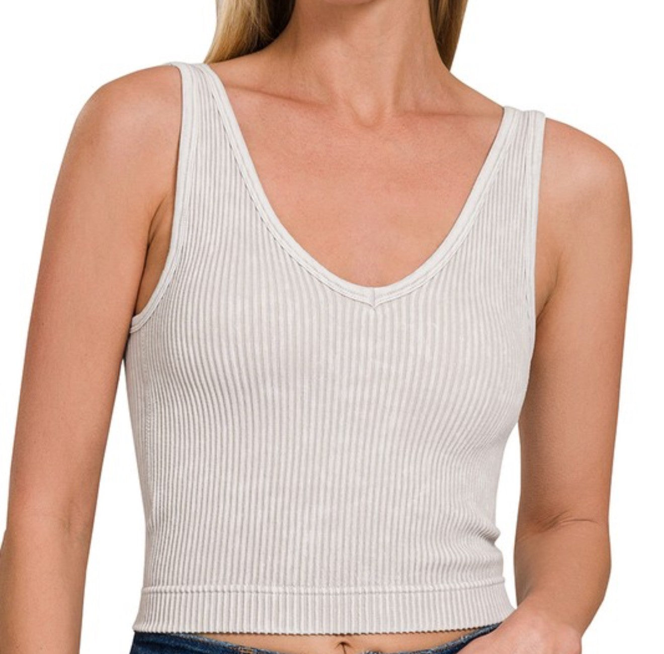 Washed Ribbed Seamless Bra Padded V-Neck Tank Top-Bone