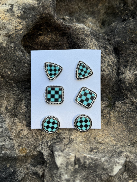 Western Checker Shape Post Combo Earrings Set- Turquoise