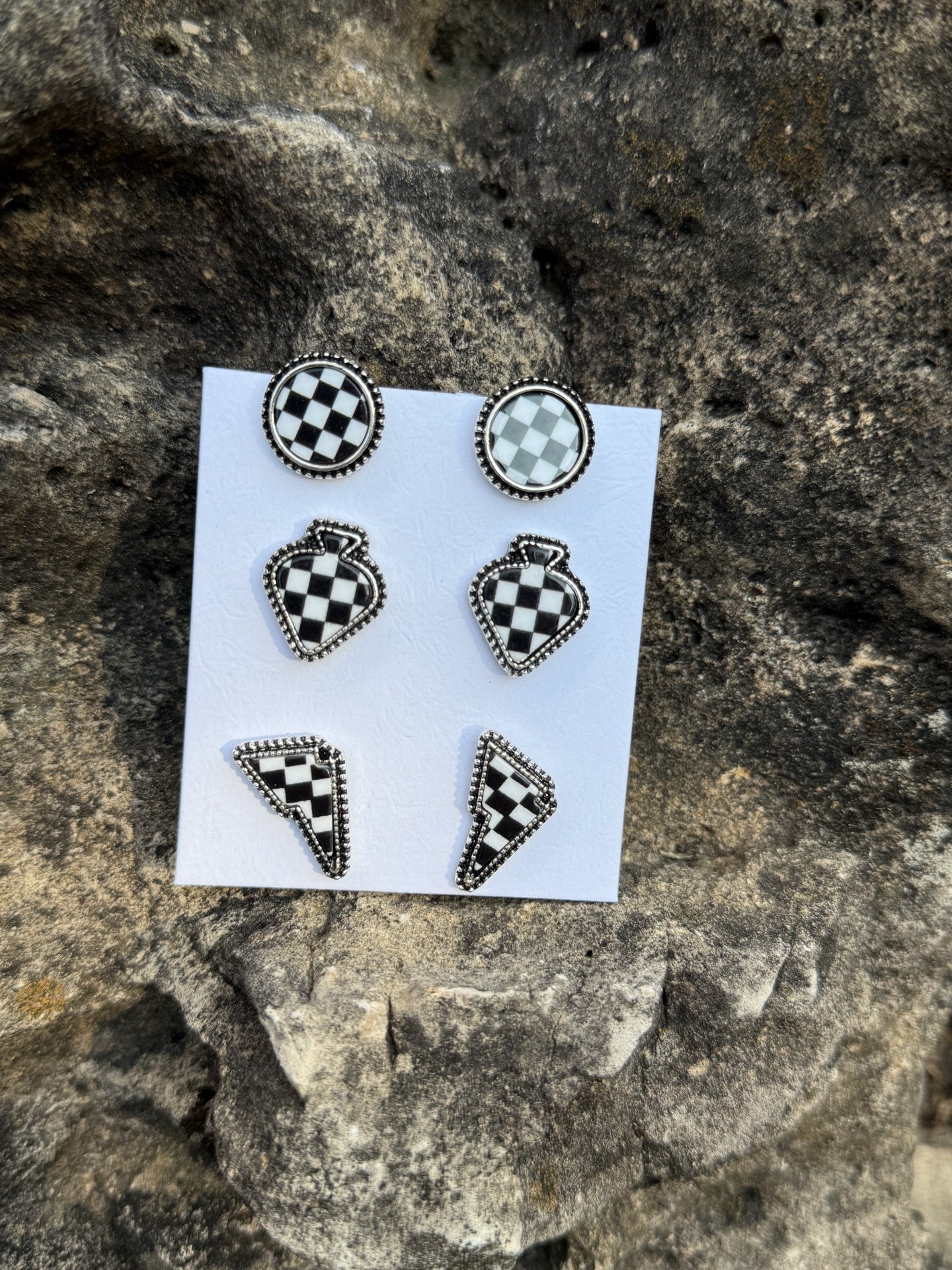 Western Checker Shape Post Combo Earring Set