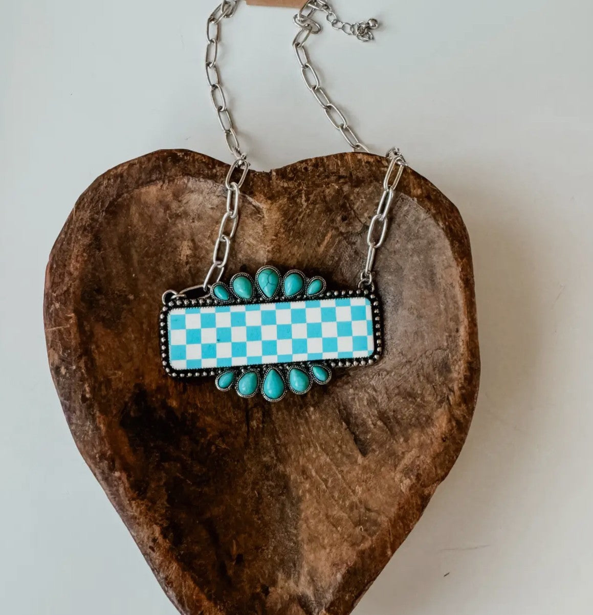 Western Checkered Rectangle Pendant Necklace-White/Turquoise