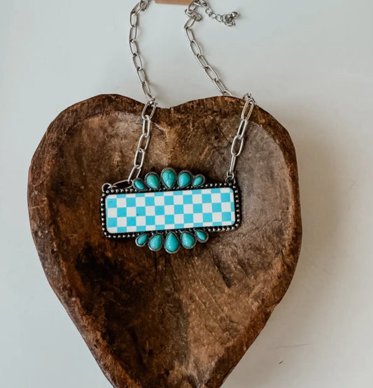 Western Checkered Rectangle Pendant Necklace-White/Turquoise