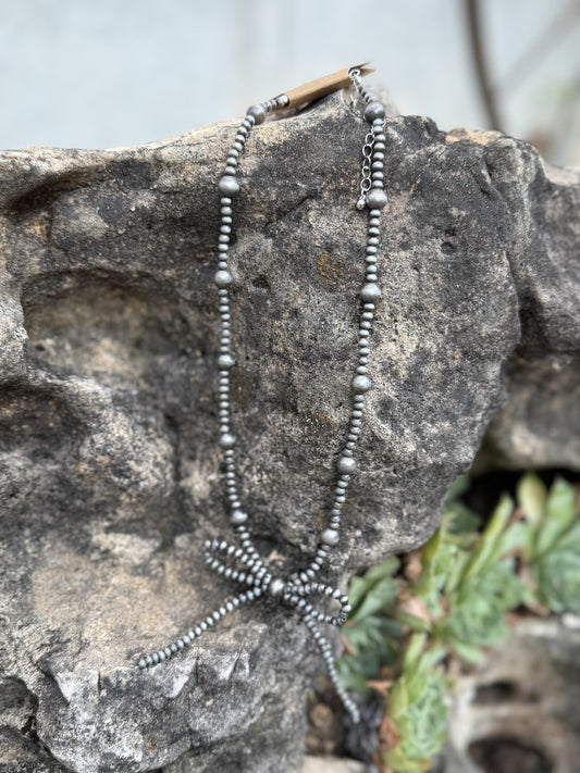 Western Navajo Bead Coquette Bow Necklace-Silver
